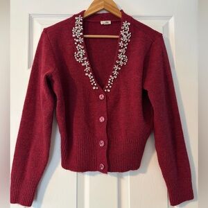 Anthropologie Pilcro Crystal V-Neck Cardigan Sweater, Rhubarb (Size Medium)
